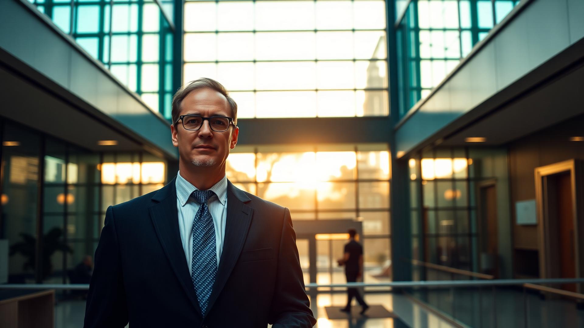 Attorney standing in a modern law office atrium at sunset